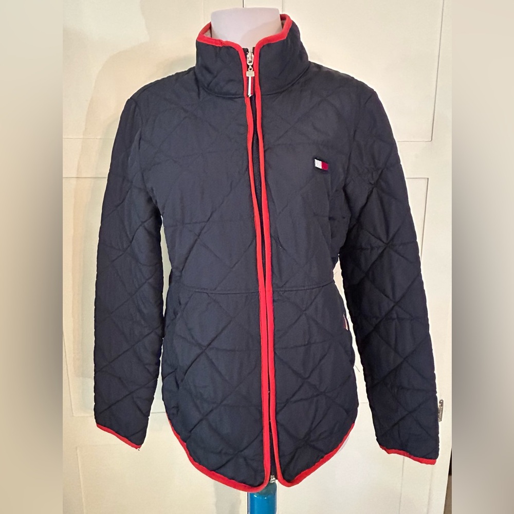 Tommy Hilfiger Women's Navy Quilted Jacket with Red Trim. Size Small
